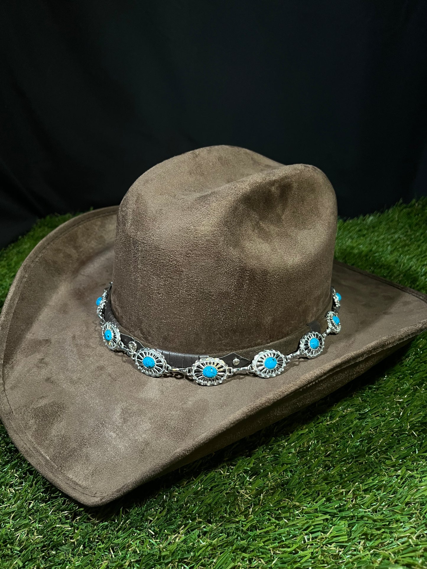 Brown Suede Cowgirl Hat with Embellished Blue Turquoise Silver Band