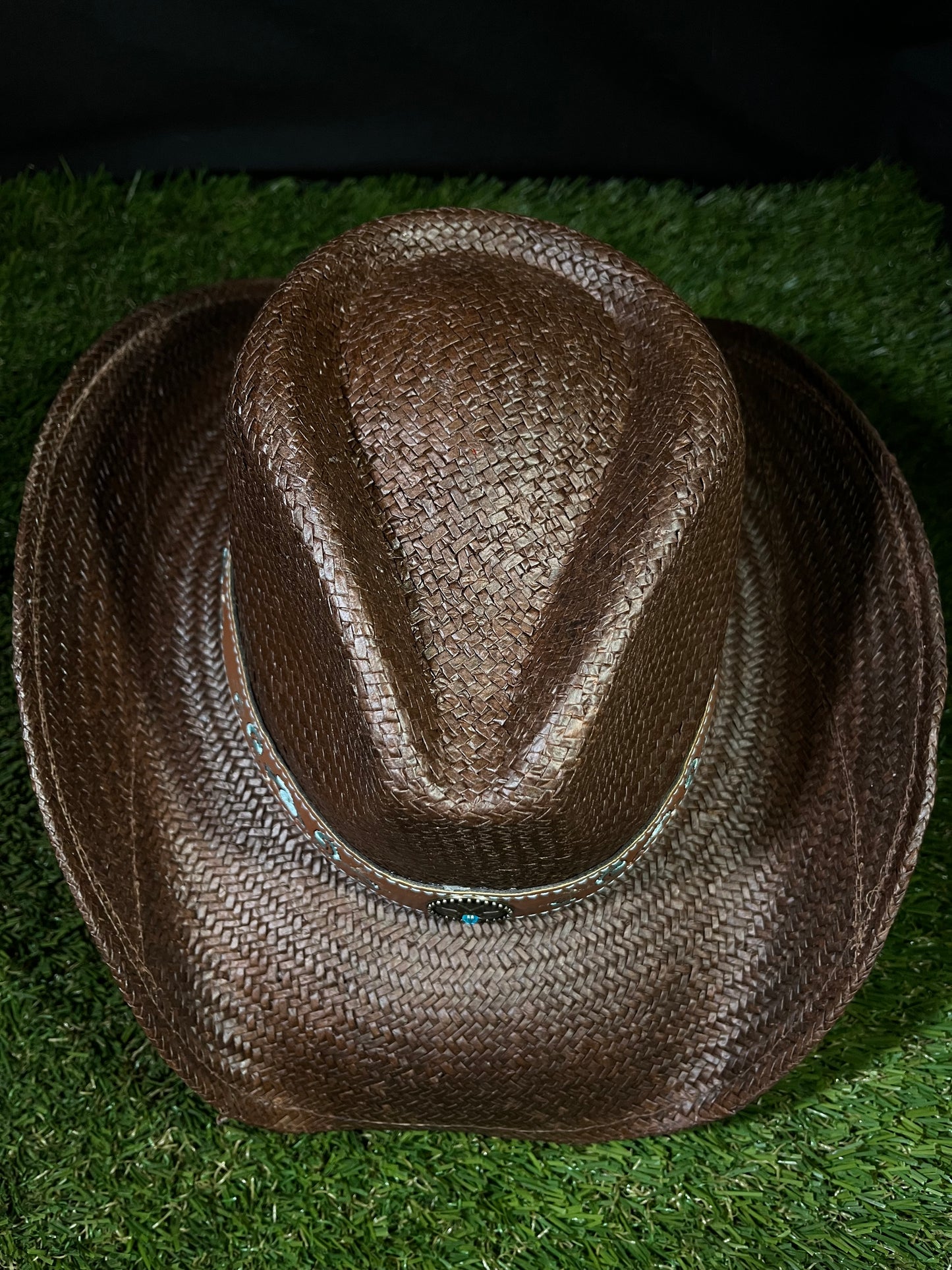 Premium Brown Straw Cowboy/Cowgirl Hat with Tan Tooled Band & Turquoise Concho | Correa Hats