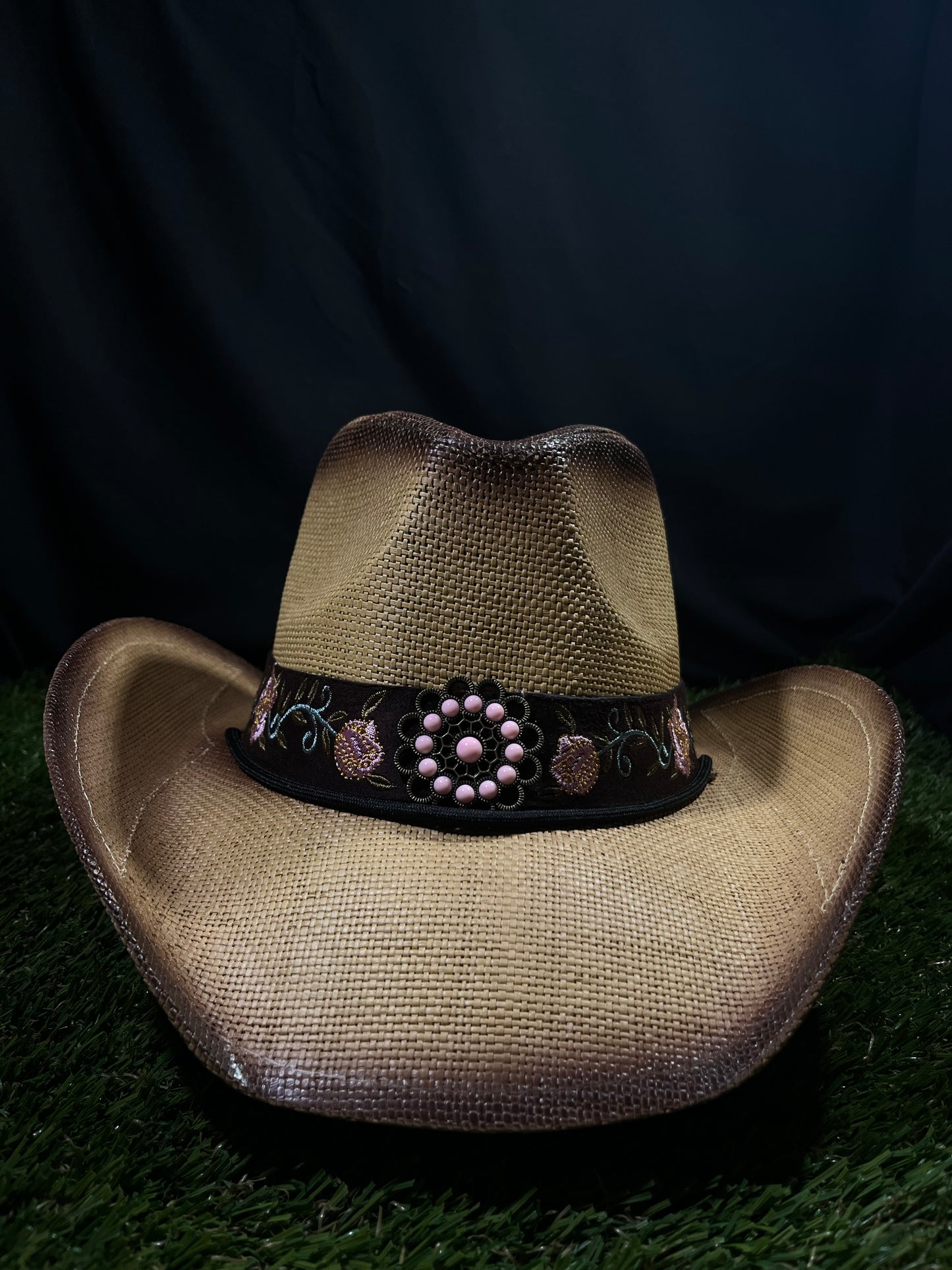 Dark Rose Western Cowgirl Hat Pink Flower Straw Western Women’s CowboyVintage Wide Brimmed dark brown Hat