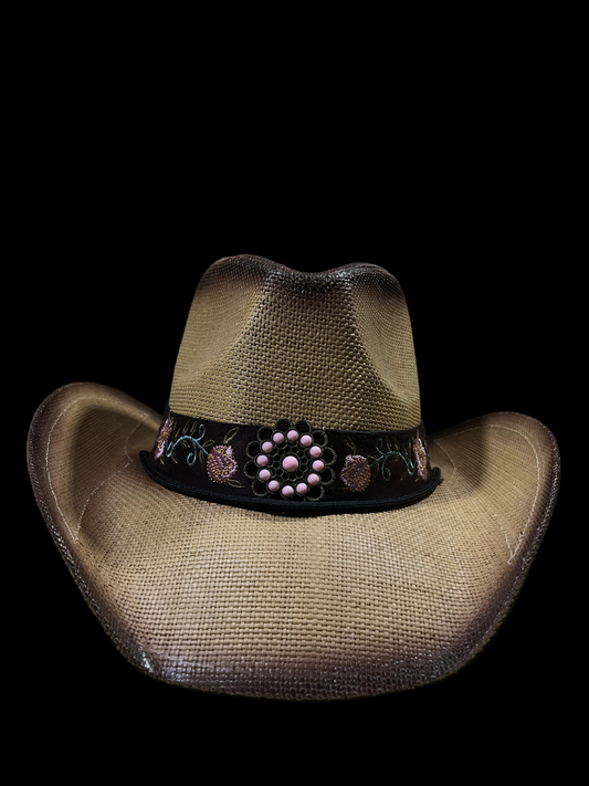 Dark Rose Western Cowgirl Hat Pink Flower Straw Western Women’s CowboyVintage Wide Brimmed dark brown Hat