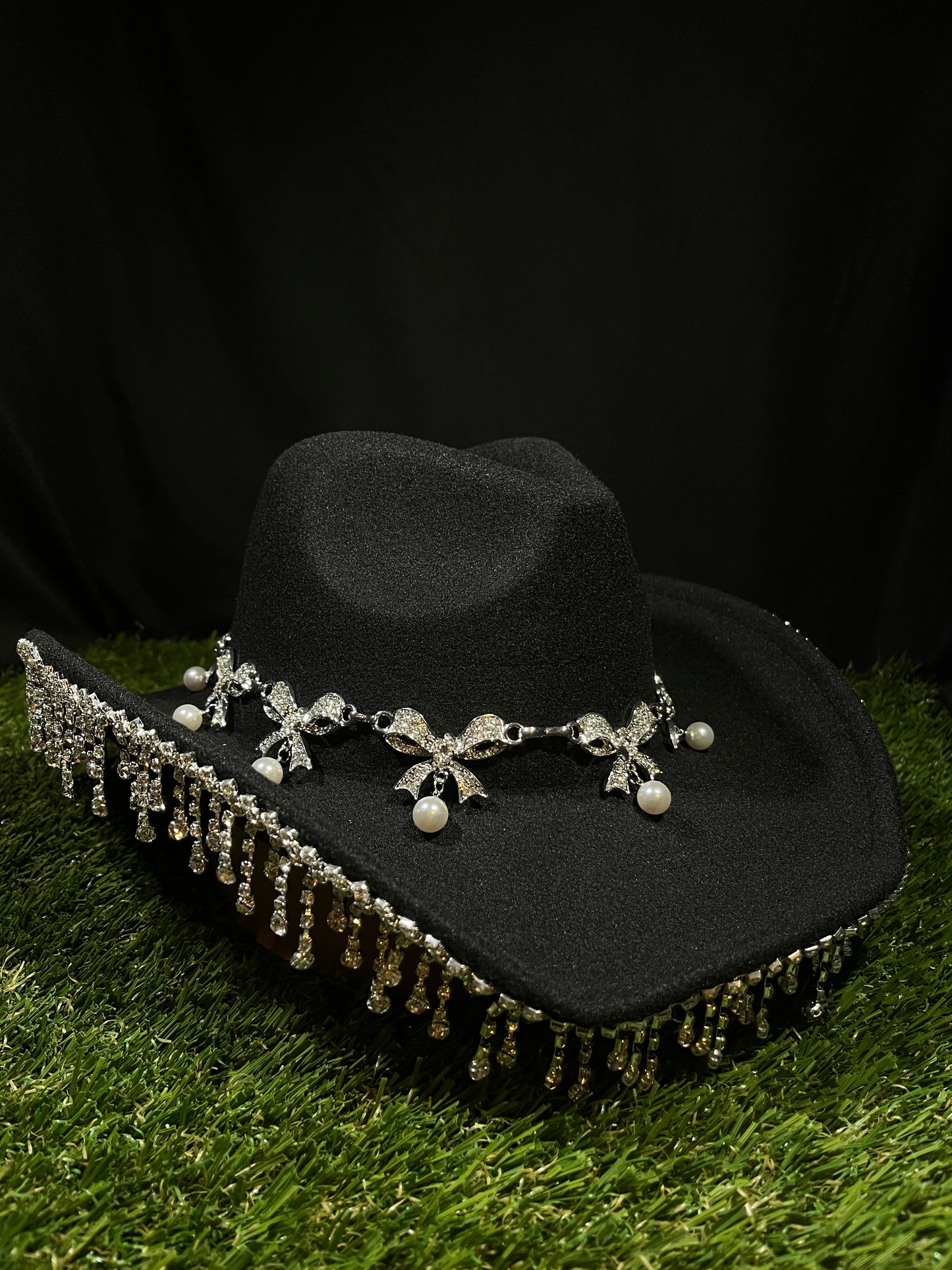 Black Silver Ribbon Western Bedazzled Hat