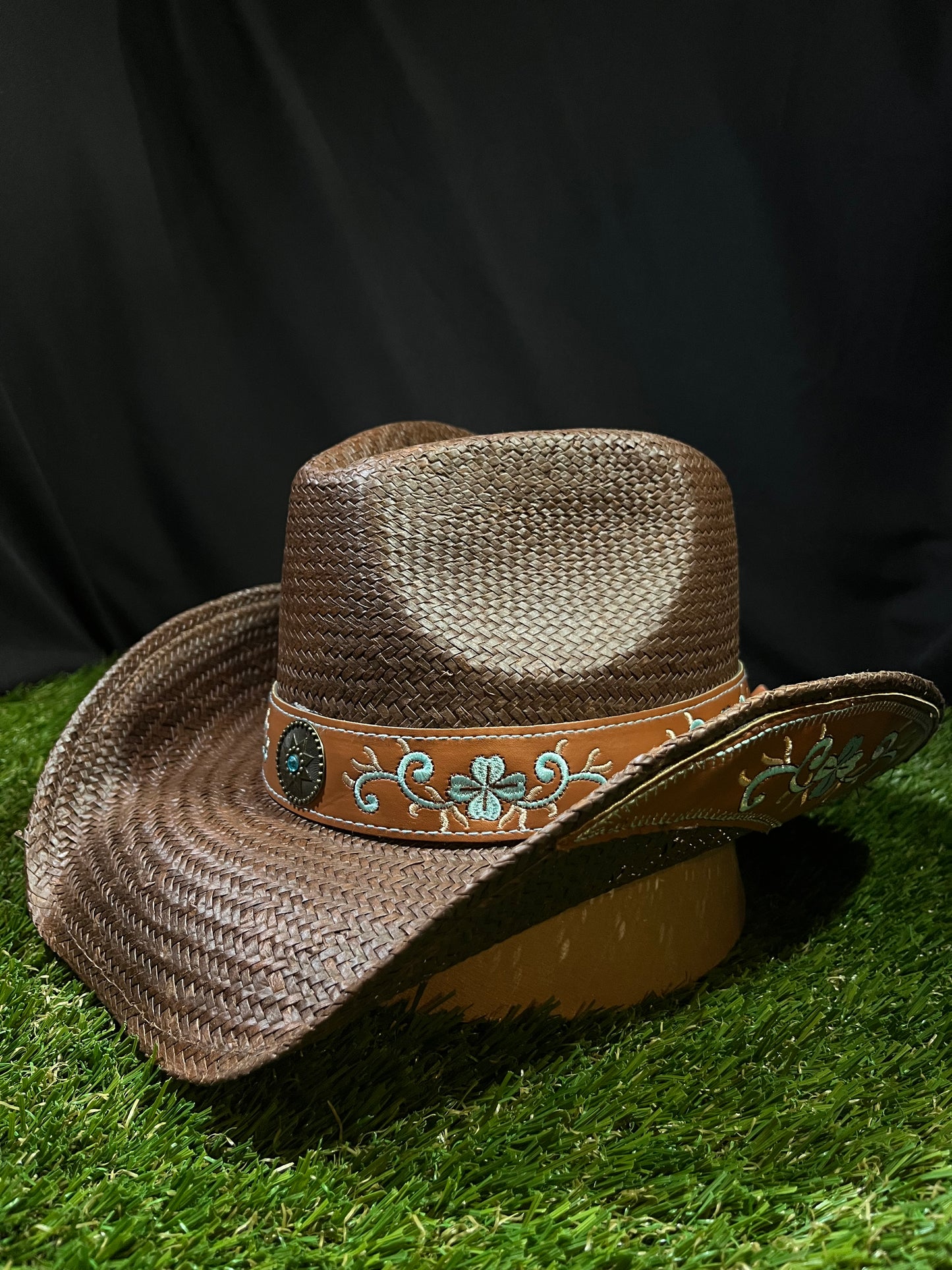 Premium Brown Straw Cowboy/Cowgirl Hat with Tan Tooled Band & Turquoise Concho | Correa Hats