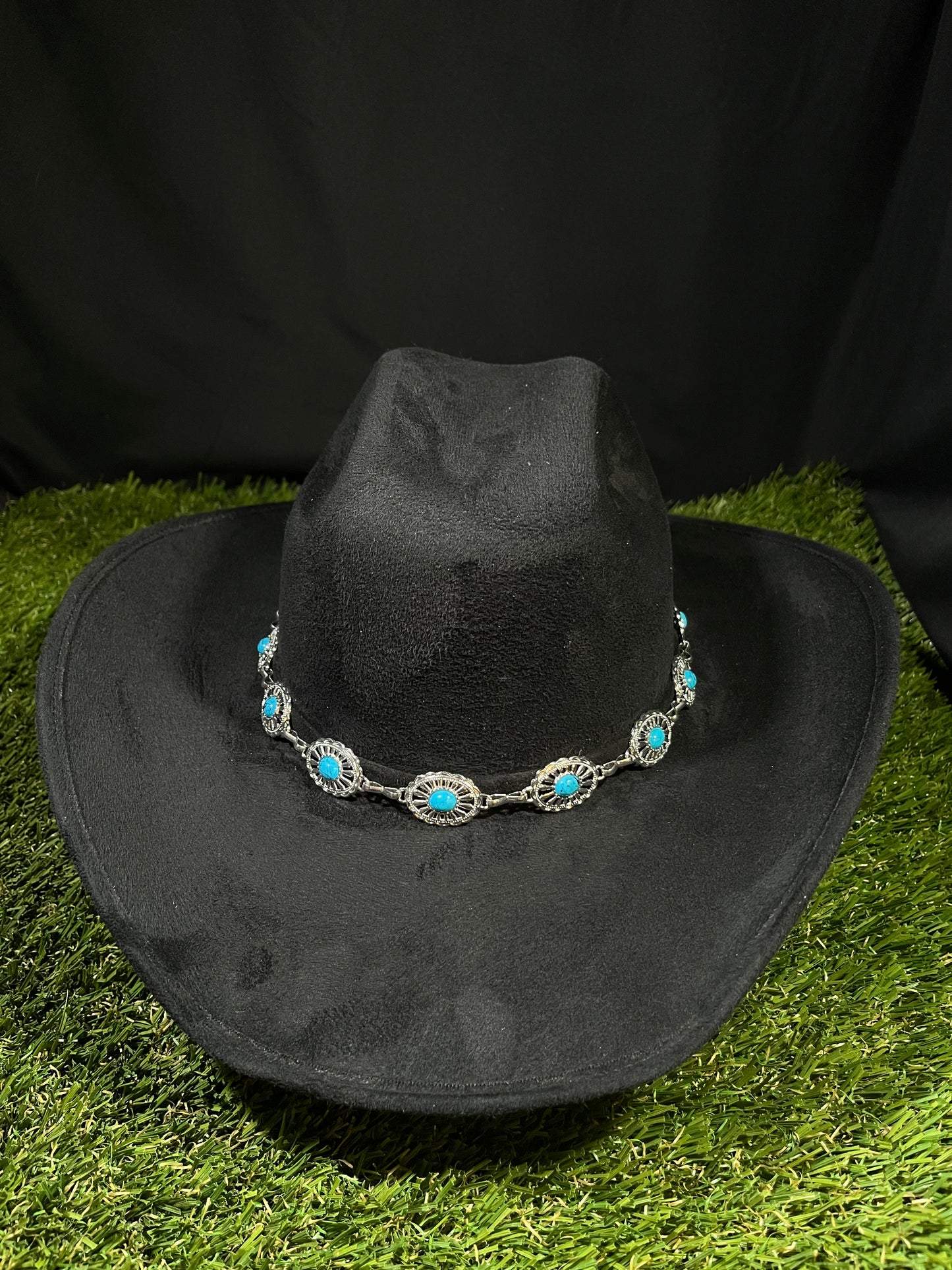 Black Suede Cowgirl with turquoise blue stones silver band
