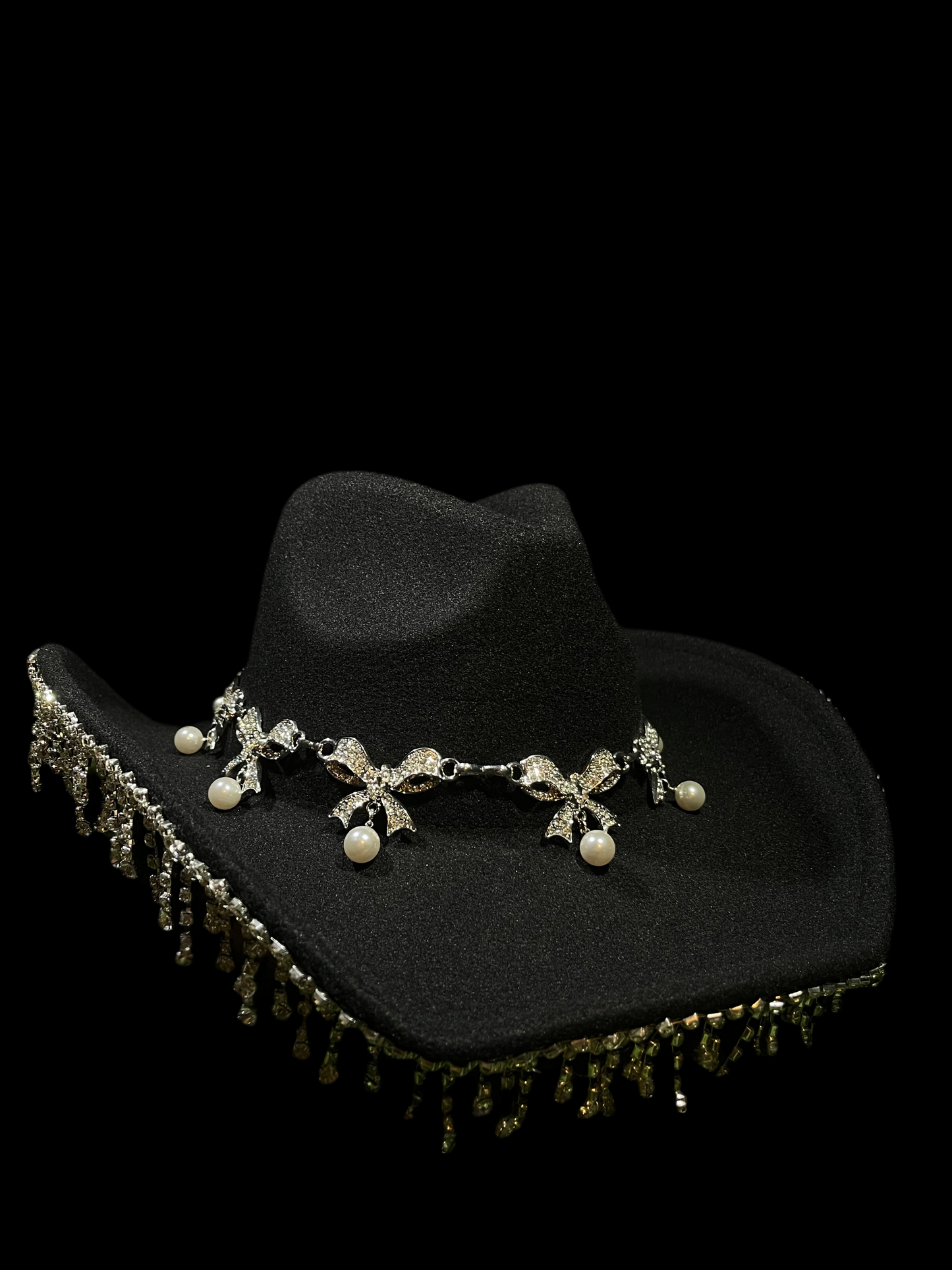 Black Silver Ribbon Western Bedazzled Hat