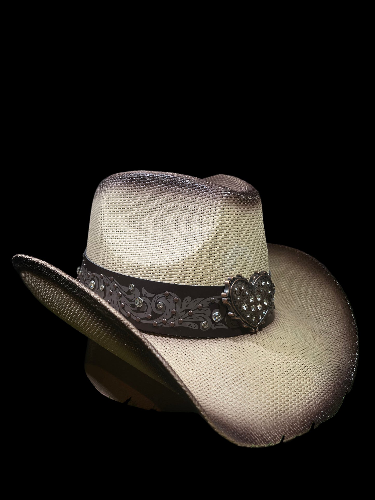 Straw Western Cowboy Hat With Brown Heart Band- Light Brown