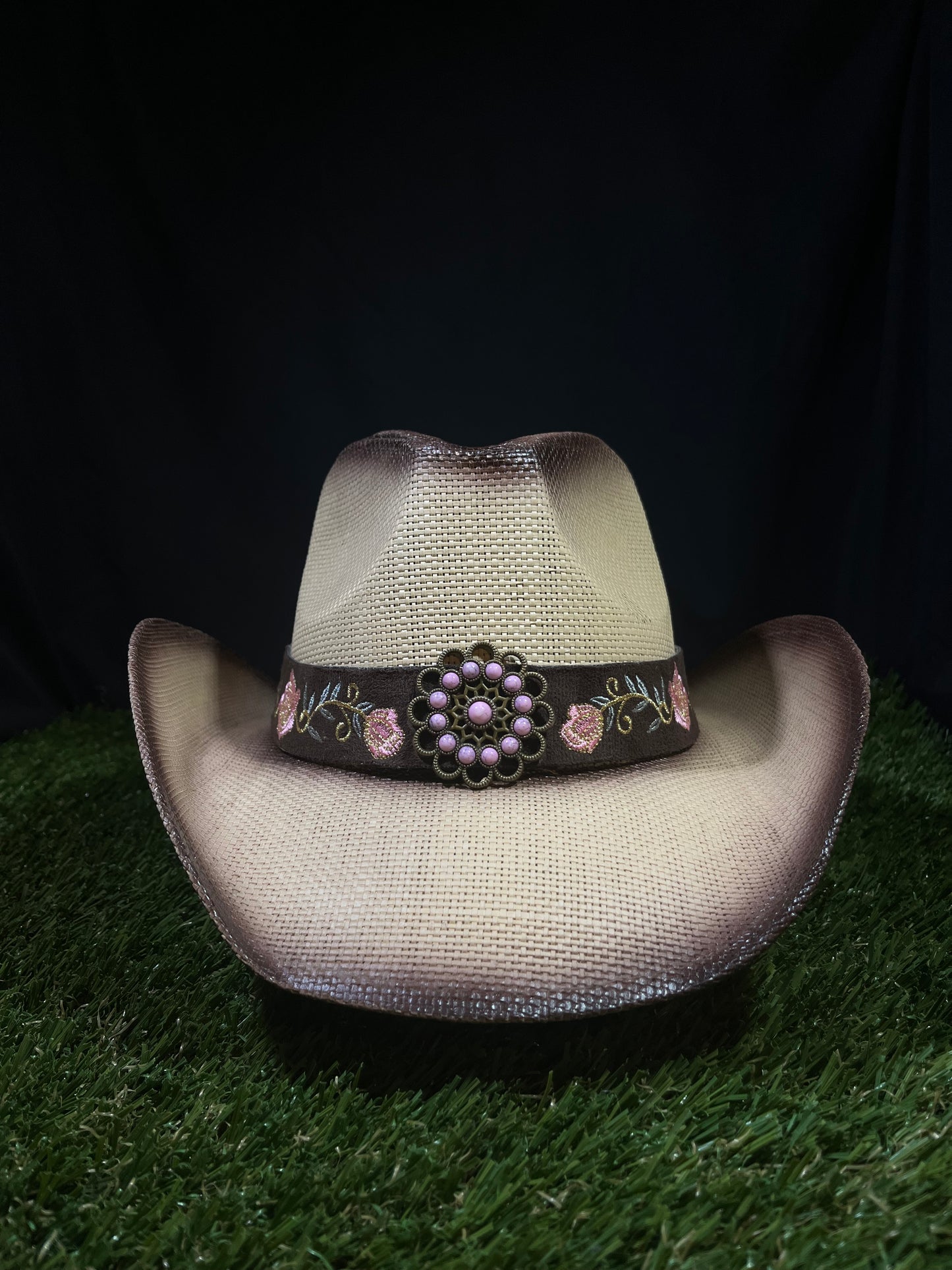 Pink Flower Straw Western Women’s Cowboy, Vintage Wide-Brimmed light brown Hat