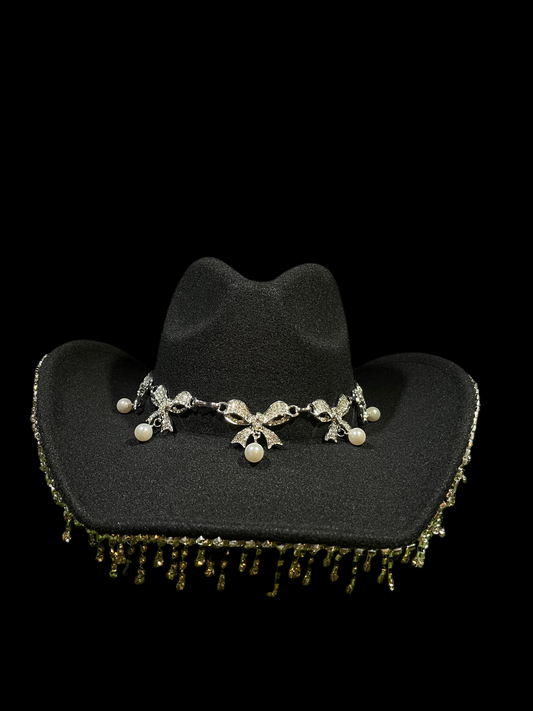 Black Silver Ribbon Western Bedazzled Hat