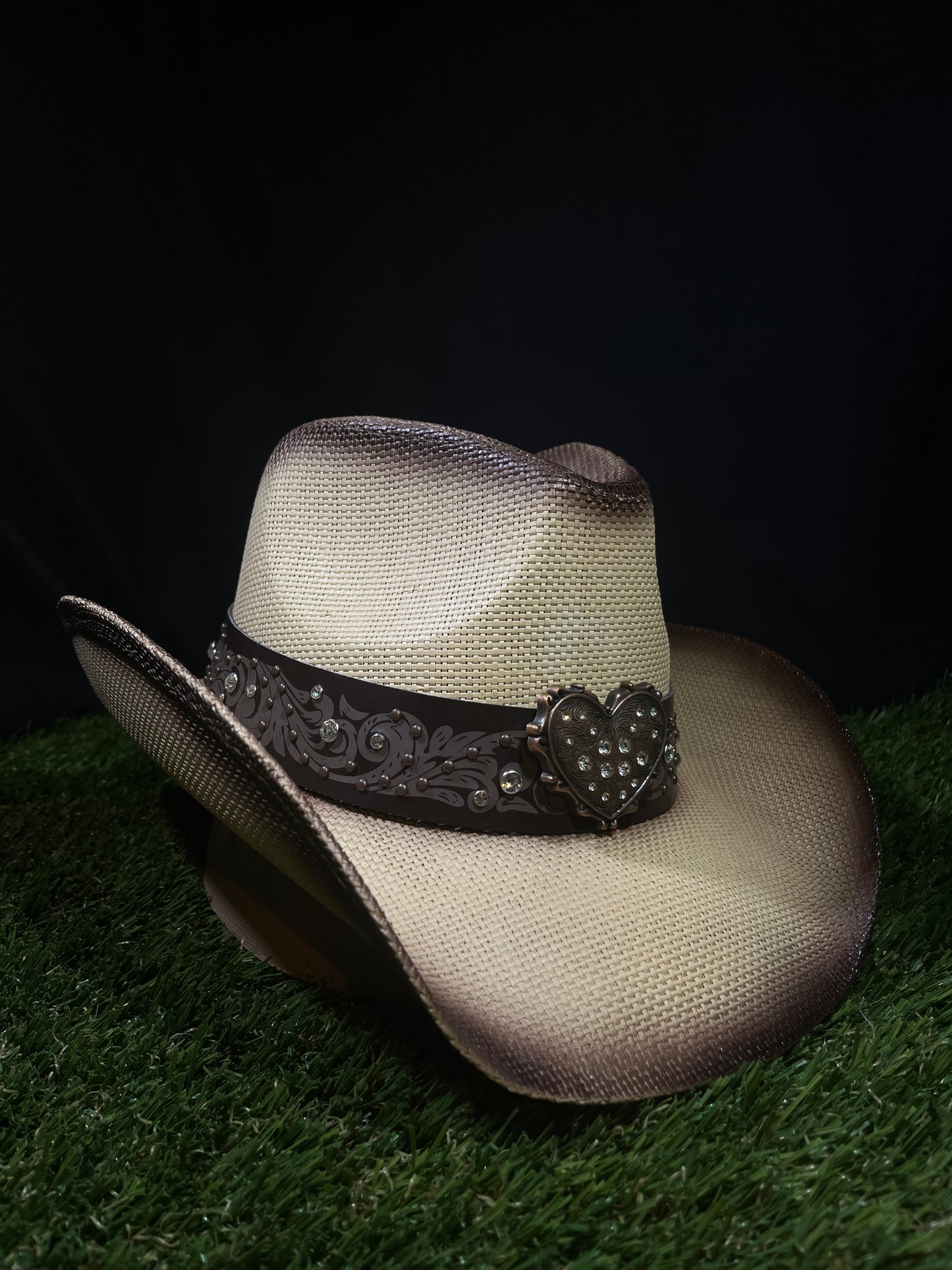 Straw Western Cowboy Hat With Brown Heart Band- Light Brown