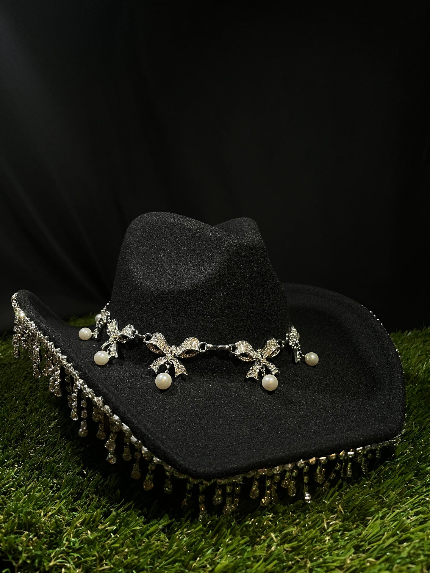 Black Silver Ribbon Western Bedazzled Hat