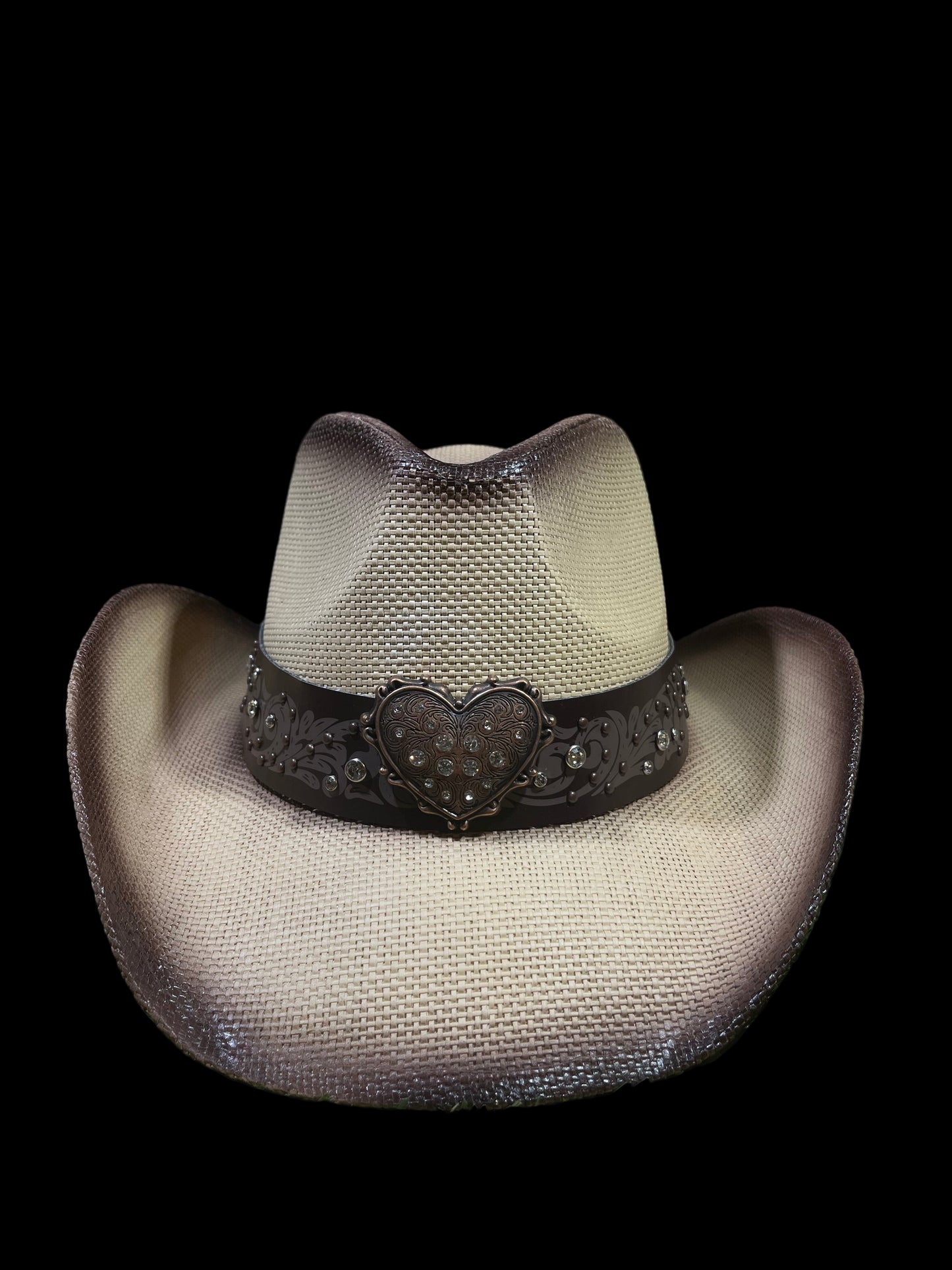 Straw Western Cowboy Hat With Brown Heart Band- Light Brown