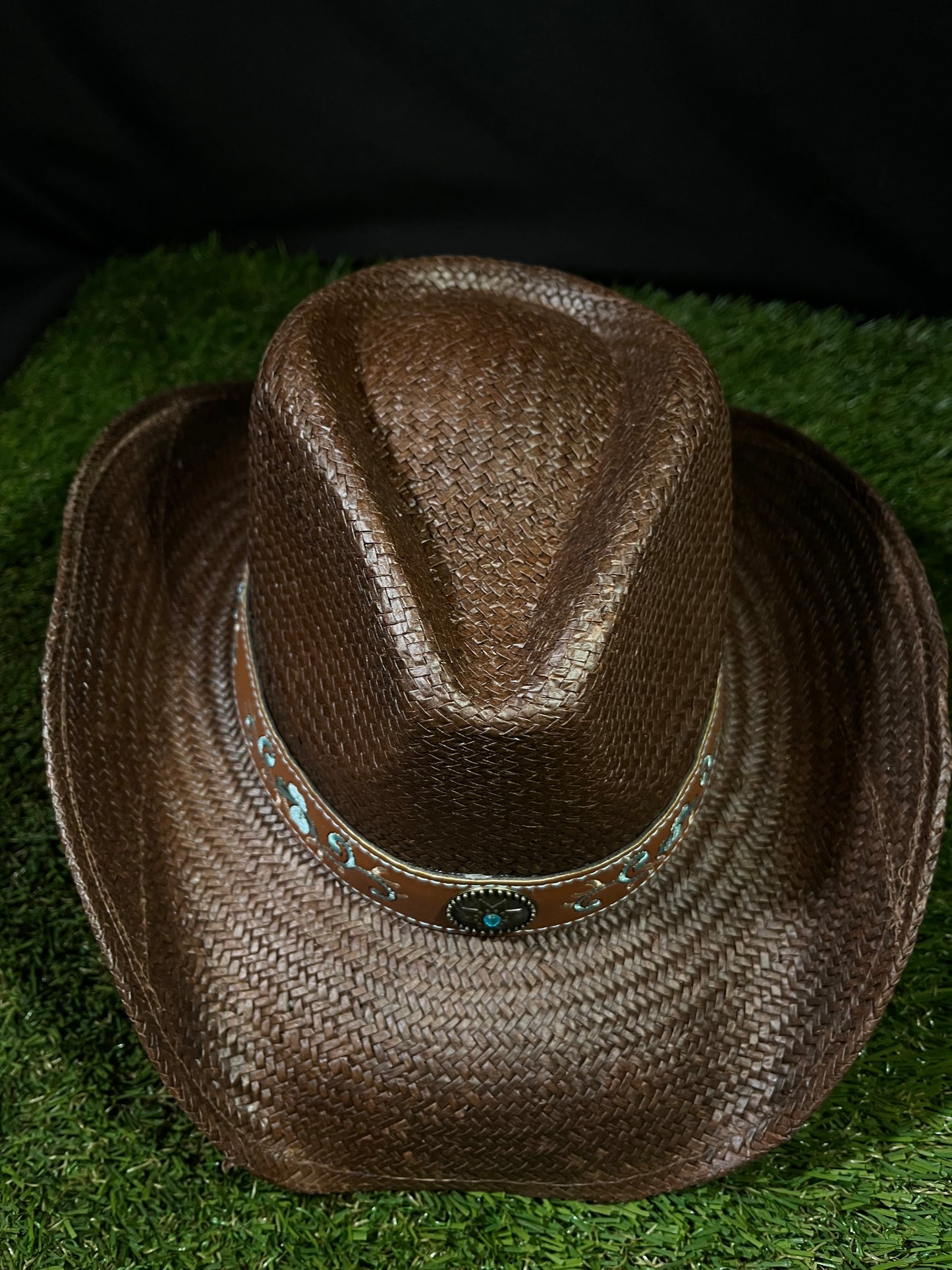 Premium Brown Straw Cowboy/Cowgirl Hat with Tan Tooled Band & Turquoise Concho | Correa Hats