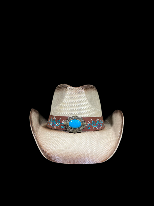 Light Brown Drifter with Blue medallion Stone Brown Belt Band Cowboy Hat