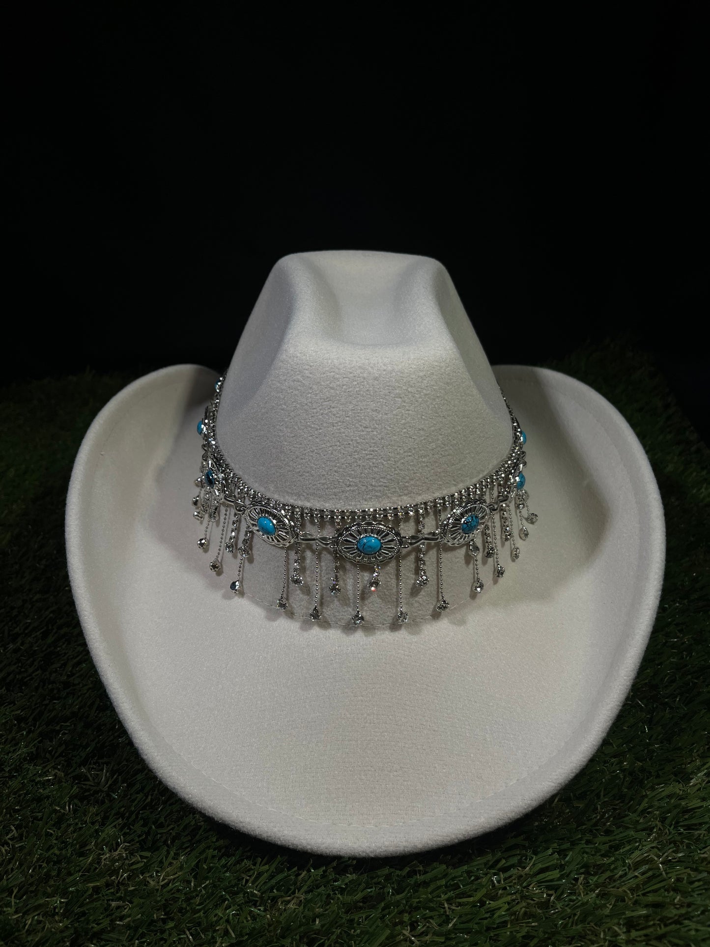 White Ivory Blue Silver Dreamcatcher Rhinestone Hat