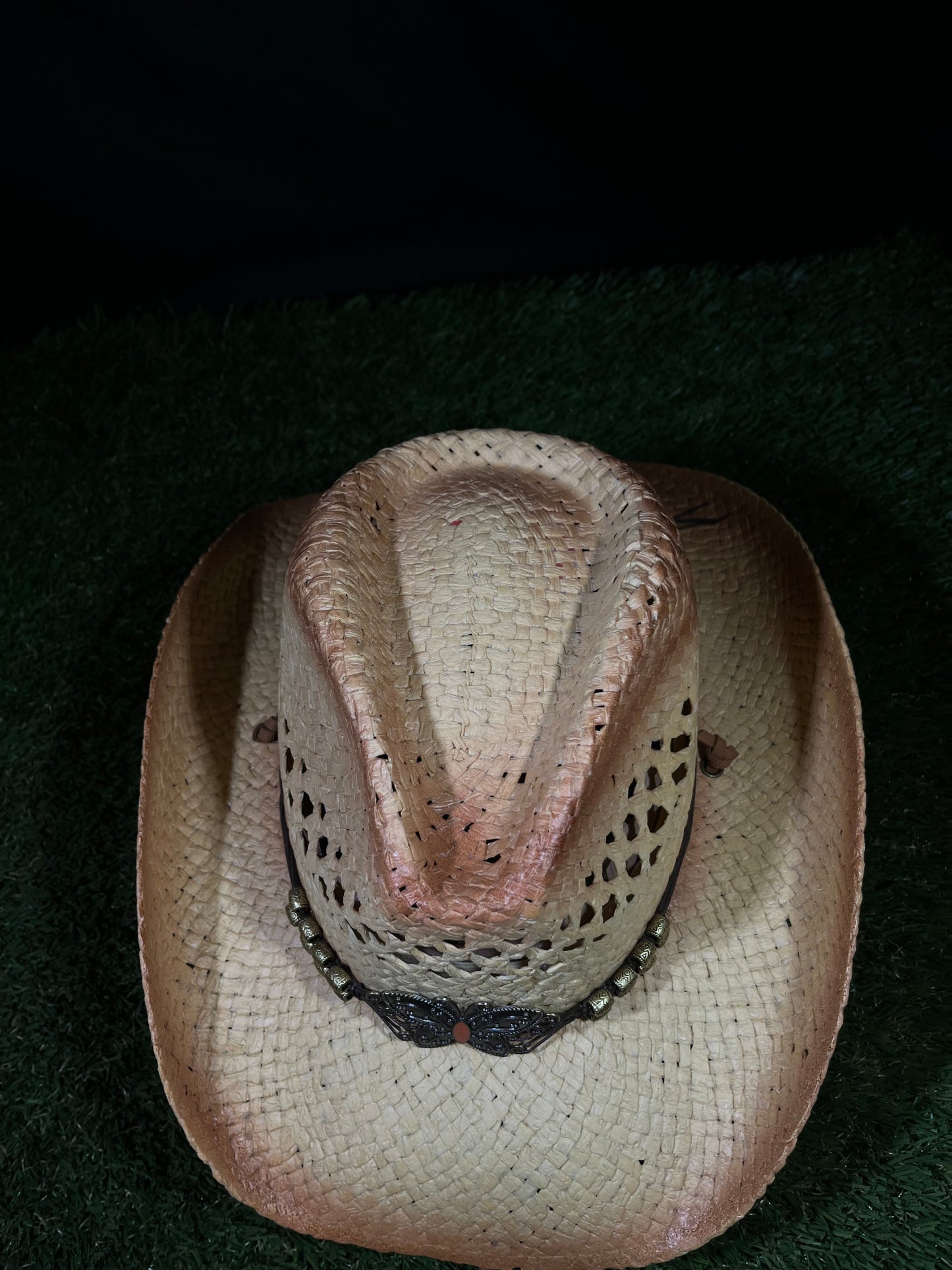 Natural Ventilated Straw Cowboy/Cowgirl Hat with Chrome Butterfly Band – Bendable Brim | Correa Hats