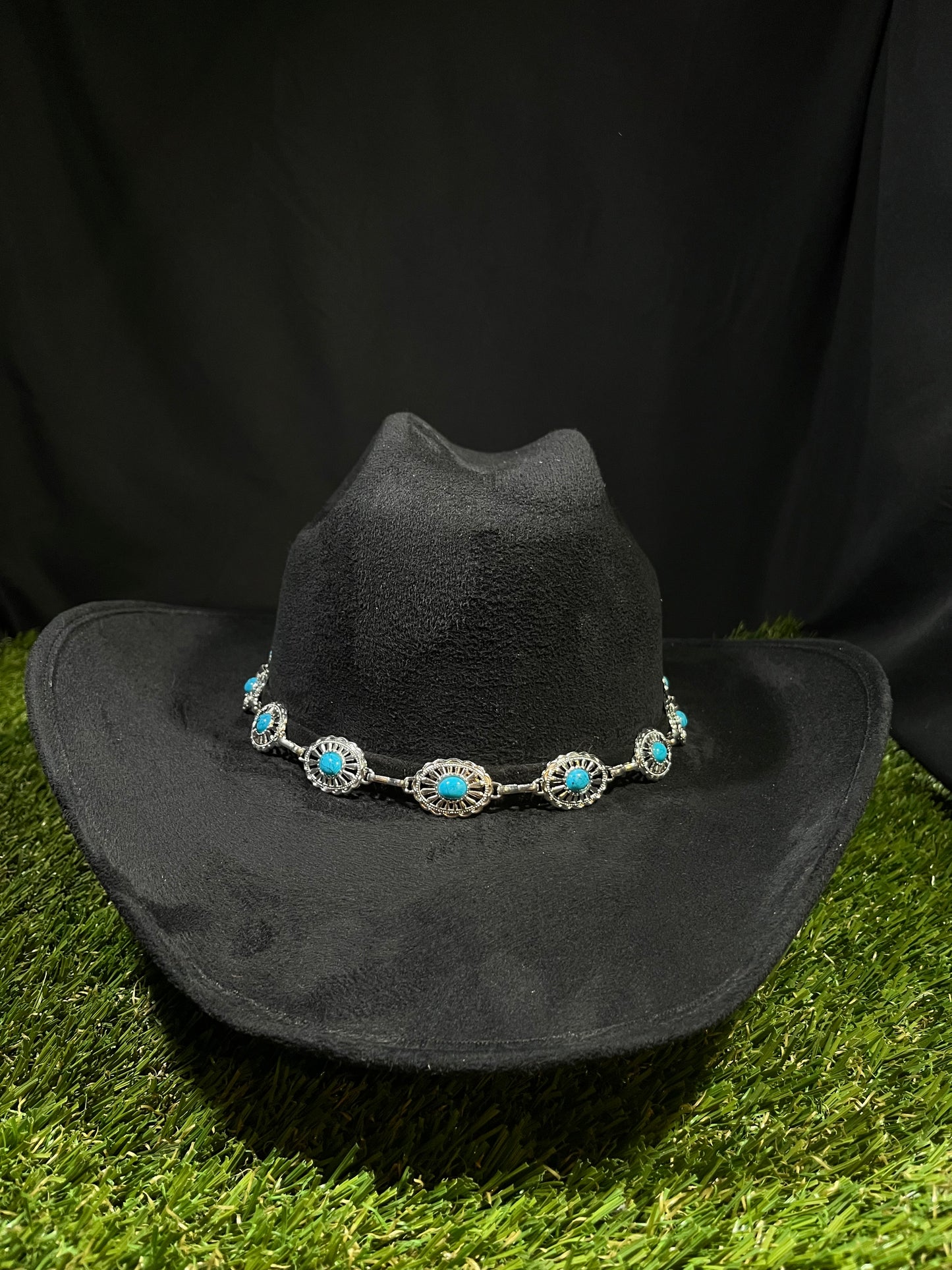 Black Suede Cowgirl with turquoise blue stones silver band
