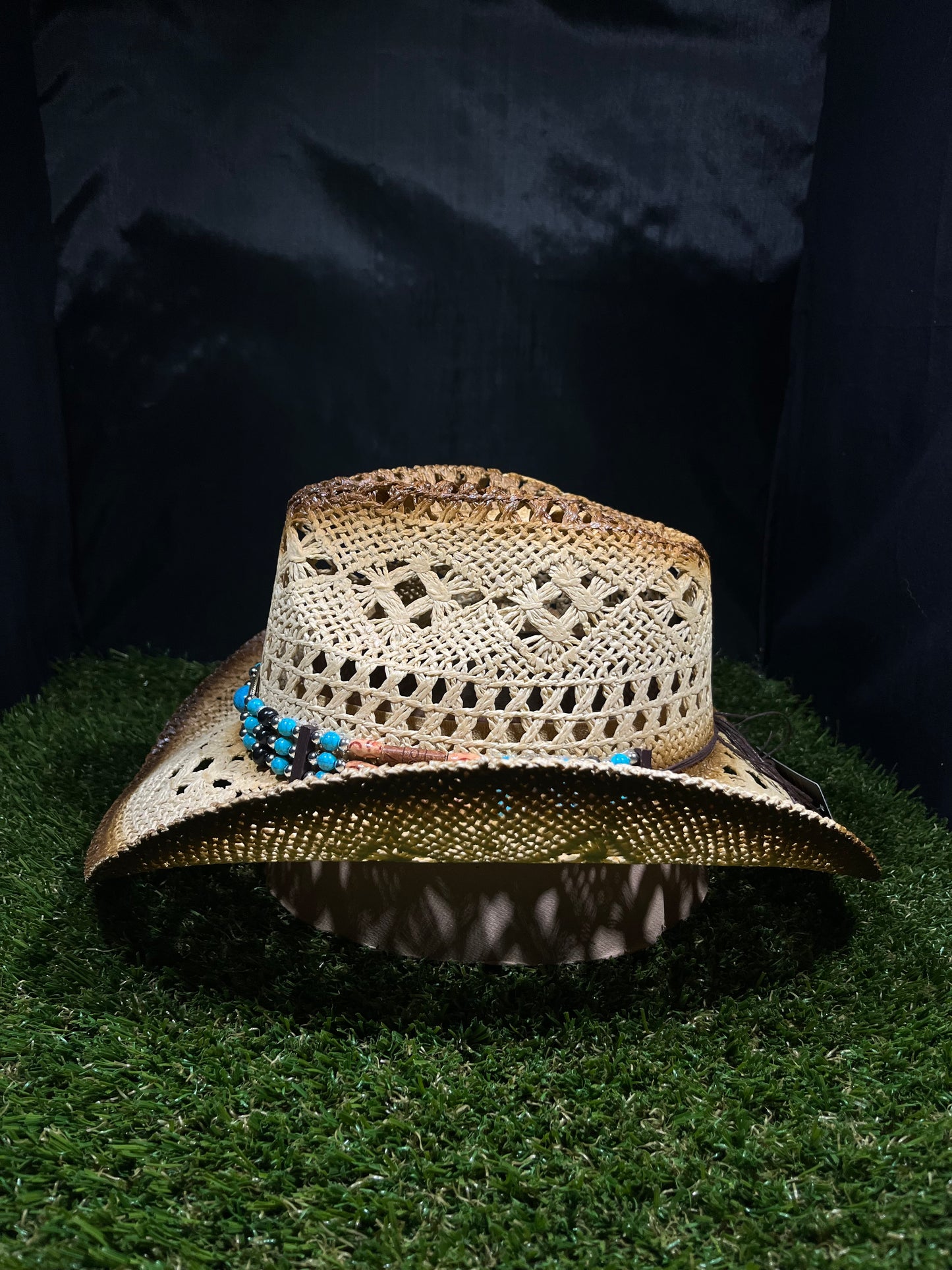 Light Brown Straw Cowboy Cowgirl Hat - Breathable Design with Turquoise Buckle and Beaded Band