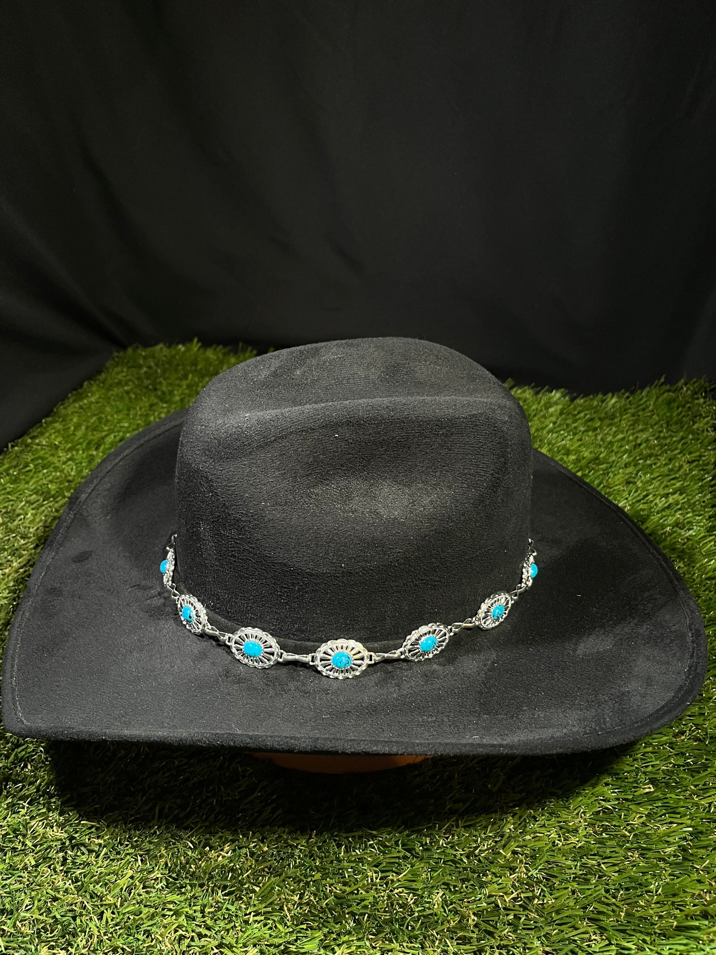 Black Suede Cowgirl with turquoise blue stones silver band