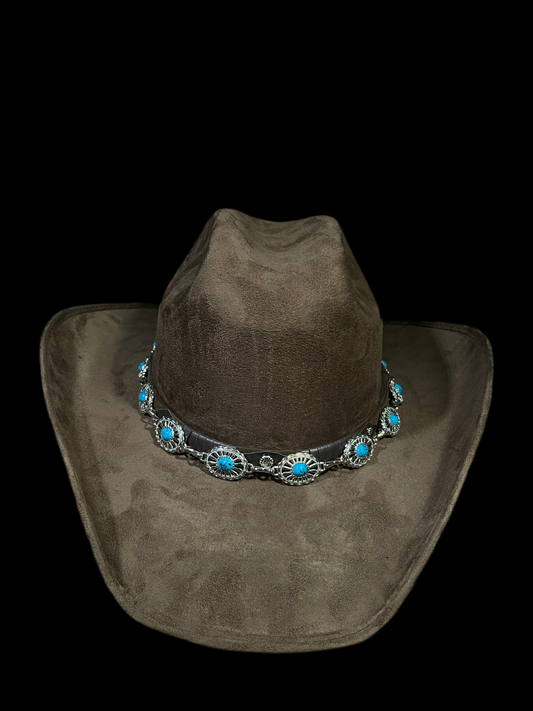 Brown Suede Cowgirl Hat with Embellished Blue Turquoise Silver Band