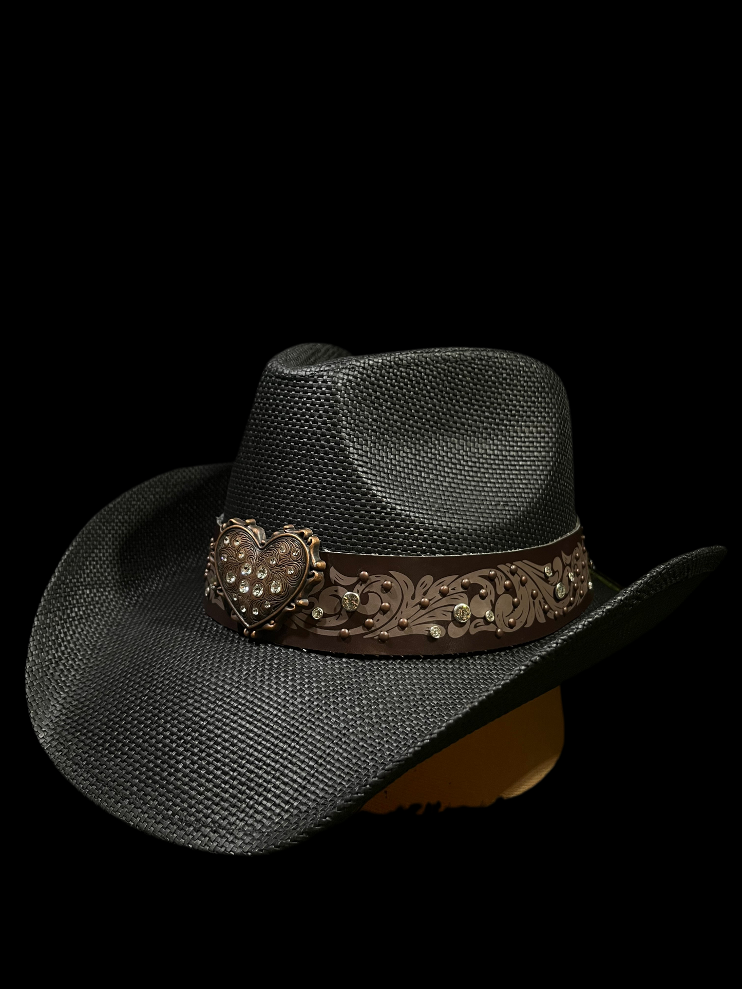 Straw Western Cowboy Hat With Brown Heart Band- Black