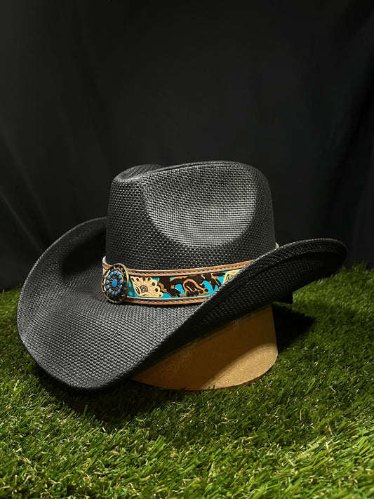 Black Bangora Cowboy/Cowgirl Hat with Turquoise Floral Band – Correa Hats