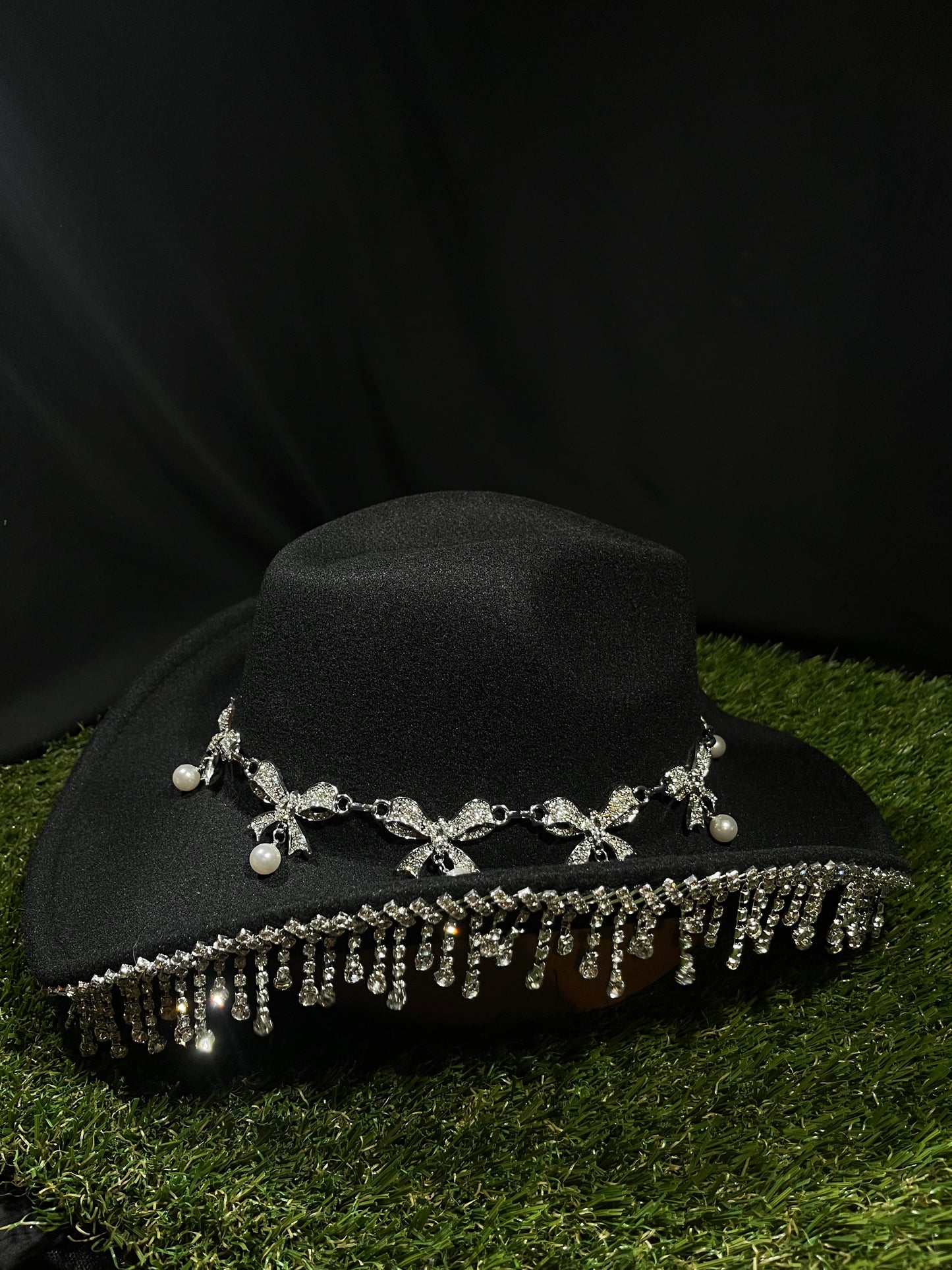 Black Silver Ribbon Western Bedazzled Hat