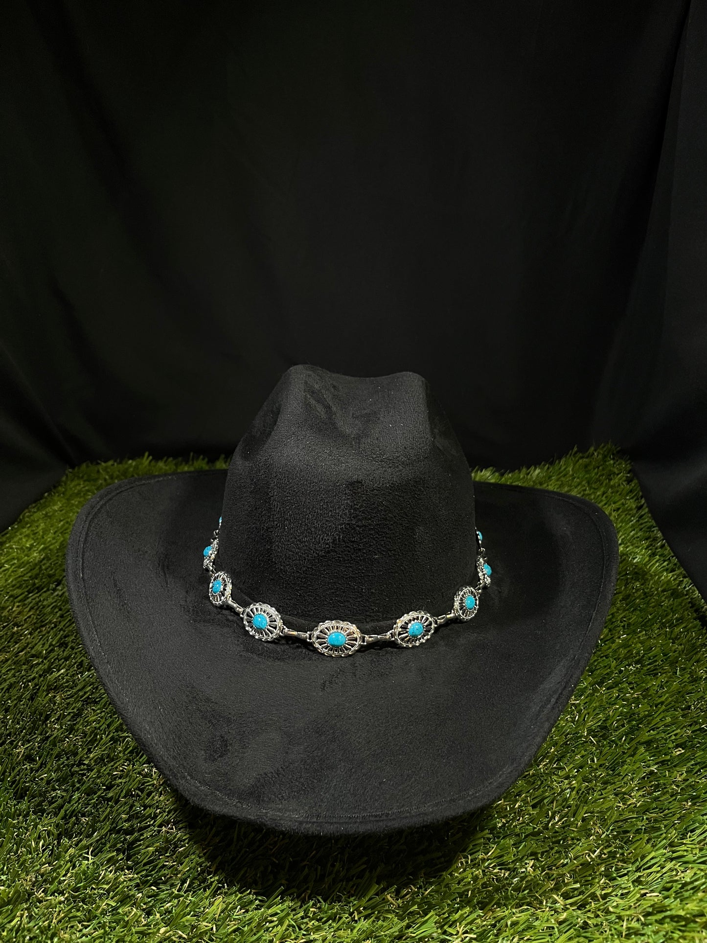 Black Suede Cowgirl with turquoise blue stones silver band