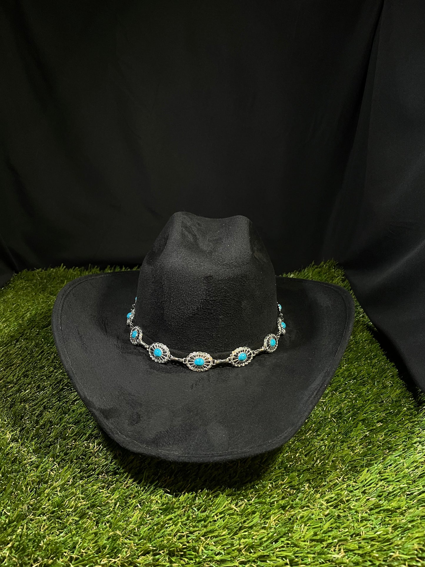 Black Suede Cowgirl with turquoise blue stones silver band